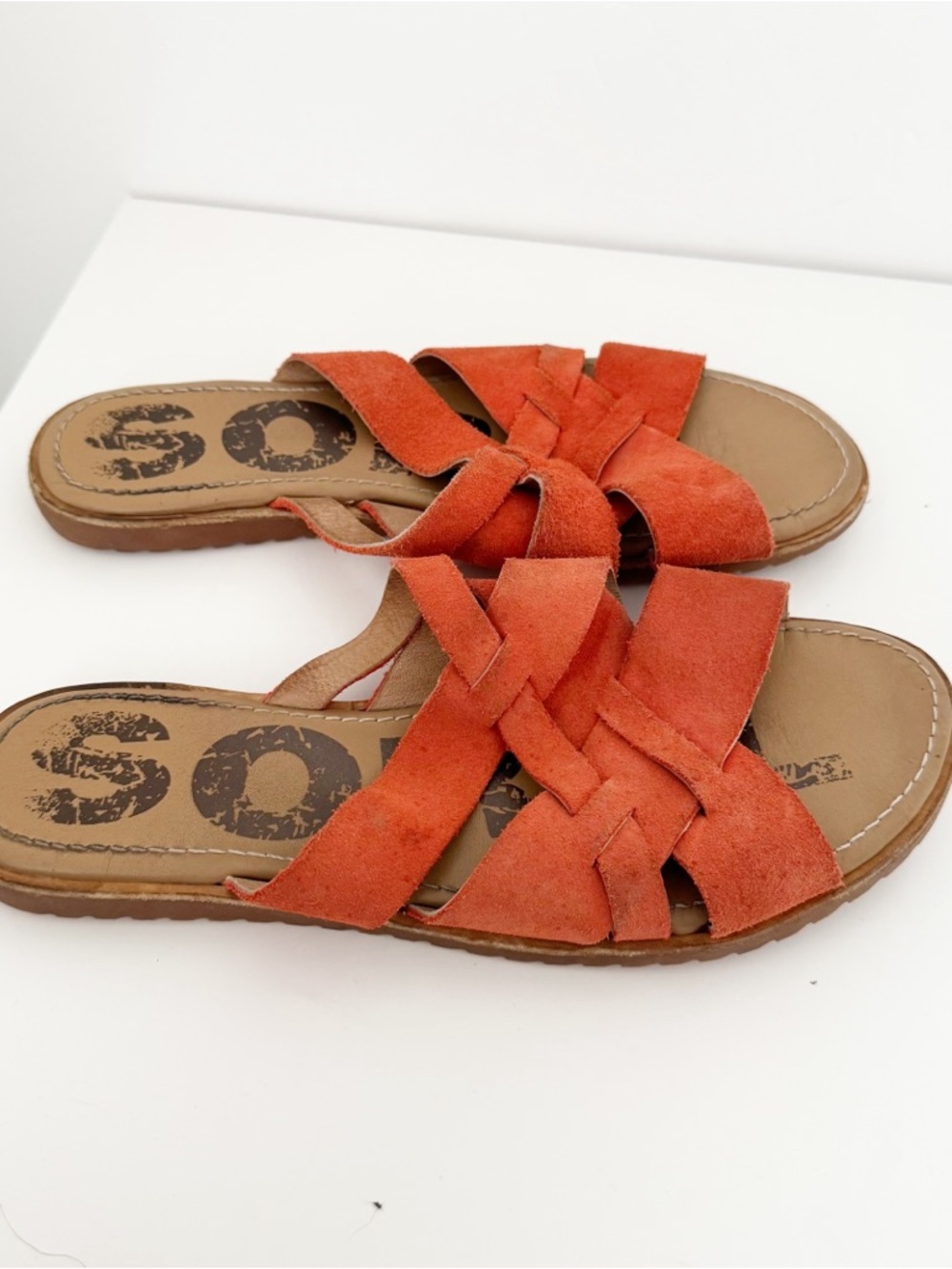 Sorel Women's Orange Suede Woven Slide Sandals - Picture 2 of 6